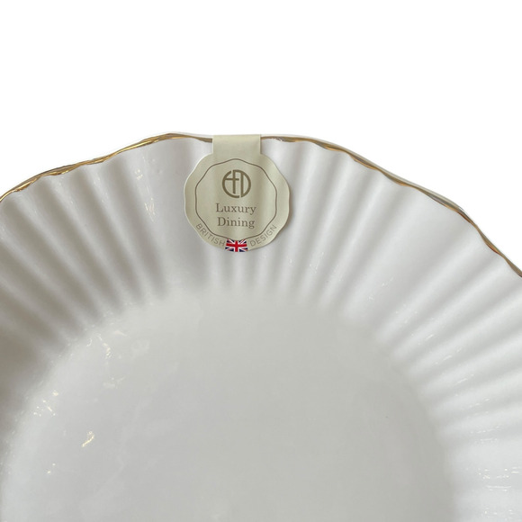 Eaton Fine Porcelain Aubrey Dinner Plates 10.5" Fluted Gold Accent Edge Set of 4 - Picture 3 of 13